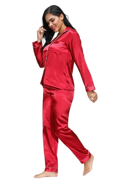 Satin natskjorte & pyjames bukser sæt, rød