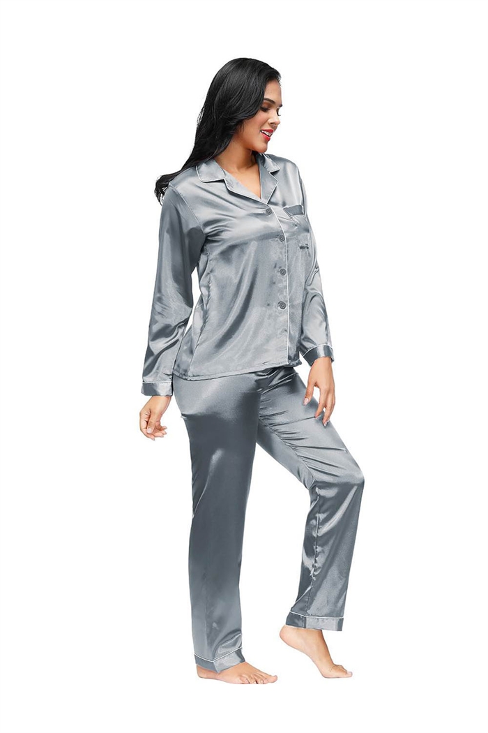 Billede af Satin natskjorte & pyjames bukser sæt, grå