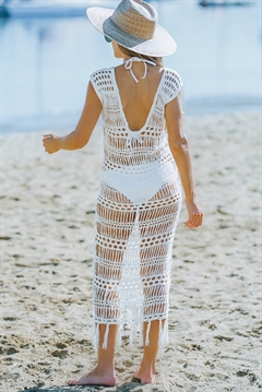 Hvid cover up strik lang strand kjole