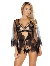 Sort ekstra kort Mesh Kimono m. lace trim